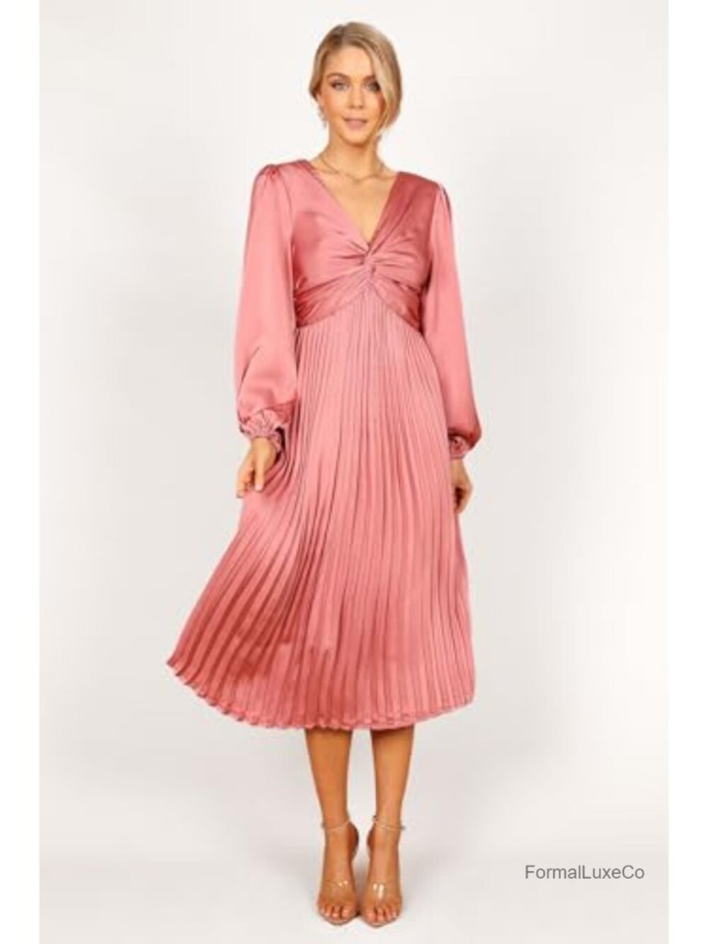 Petal & Pup Noelle Twist Front Pleated Midi Dress Long Sleeve V-Neck - Picture 5 of 5